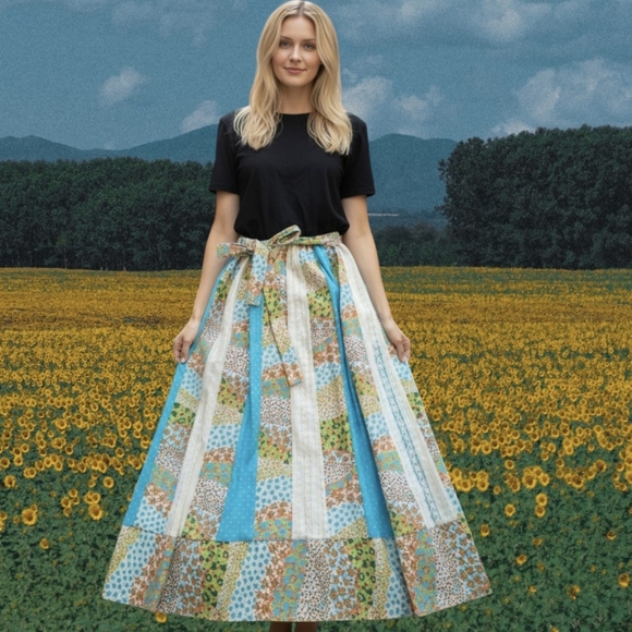 Vtg Patchwork Hand Crafted Maxi Skirt  Multicolor Festival Bohemian Woodstock L - Picture 1 of 9
